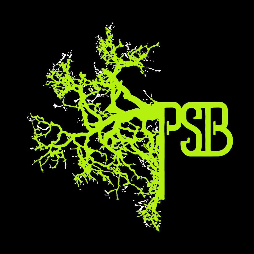 Green tree branches forming "PSB" on black.