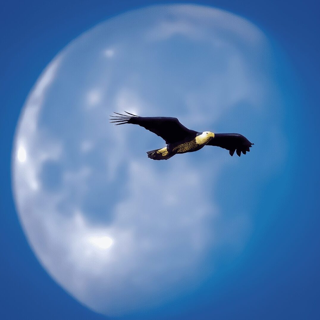 Bald eagle gliding before daytime moon